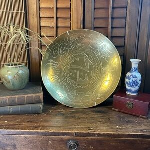 Vintage Chinese Brass Dragon Bowl – Etched Brass – Asian Decor